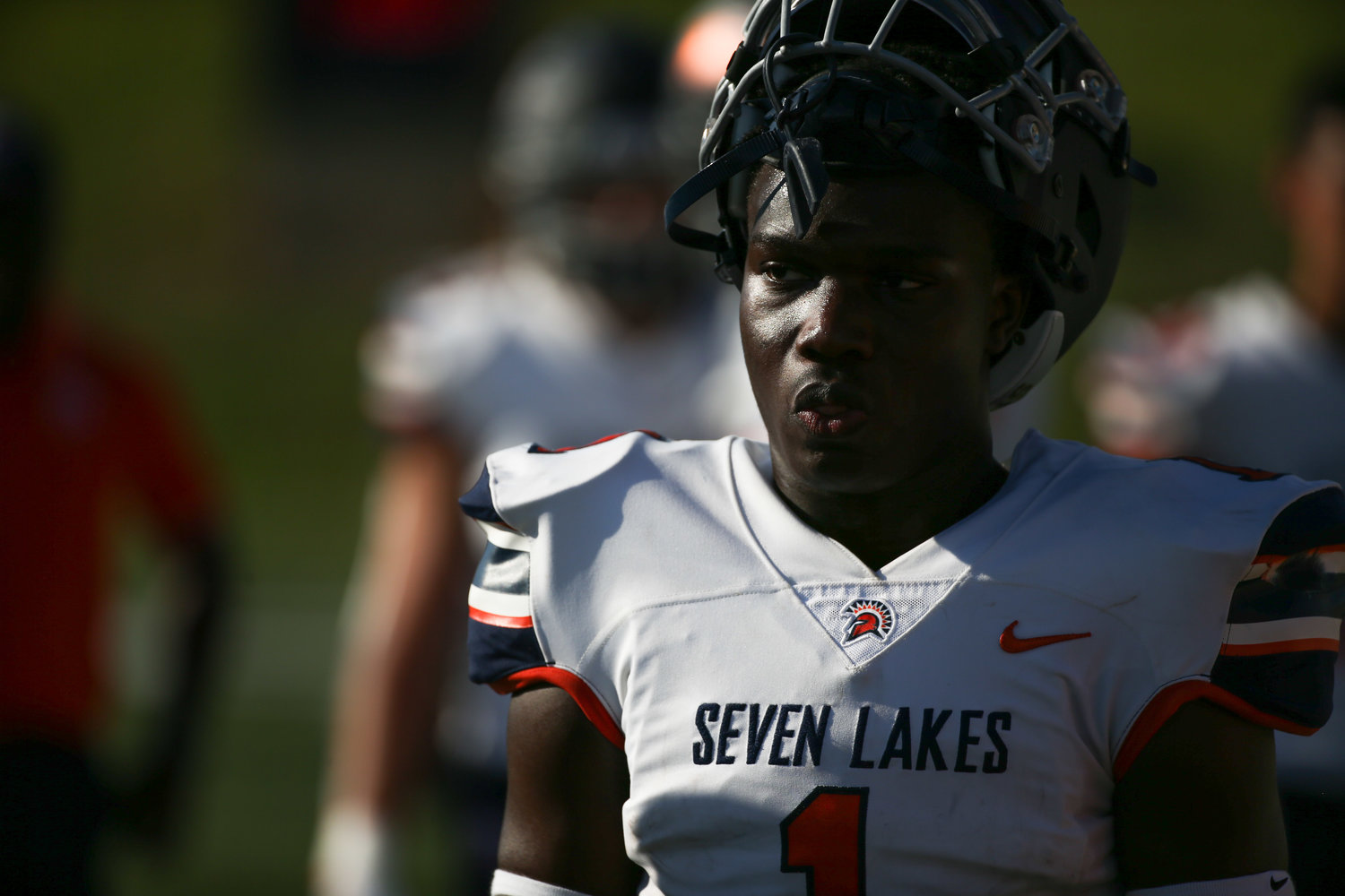 Seven Lakes Spartans defensive back Testimony Ajayi (1) walks on the sideline before the start of the game between the Seven Lakes Spartans and Memorial Mustangs on August 25, 2022 in Houston, Texas. Photo Credit: John Glaser - Katy Times